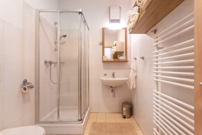 Kopalnica s tuš kabino in cevnim radiatorjem za sušenje perila v zimskem času.