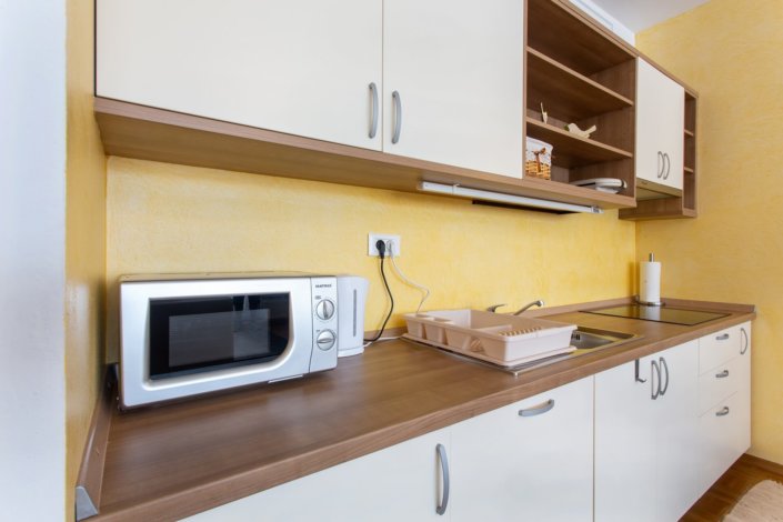 Opremljena kuhinja z mikrovalovno pečico
